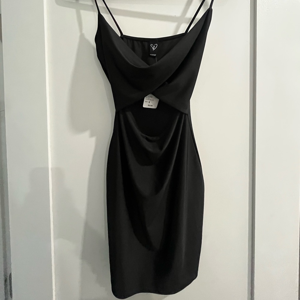 Windsor Black Bodycon Dress with Spaghetti Straps and Cowl Neck